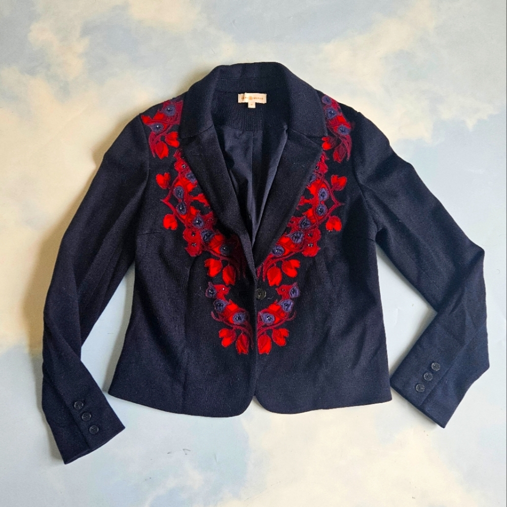 Tory Burch Navy & Red Floral Embroidered Beaded Women's Jacket Designer Blazer